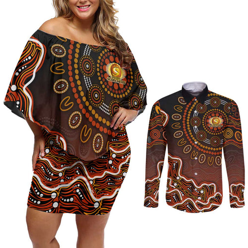Perth Scorchers Cricket Mascot Couples Matching Off Shoulder Short Dress and Long Sleeve Button Shirt Aboriginal Dot Art Orange And Black Tribal Pattern