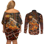 Perth Scorchers Cricket Mascot Couples Matching Off Shoulder Short Dress and Long Sleeve Button Shirt Aboriginal Dot Art Orange And Black Tribal Pattern