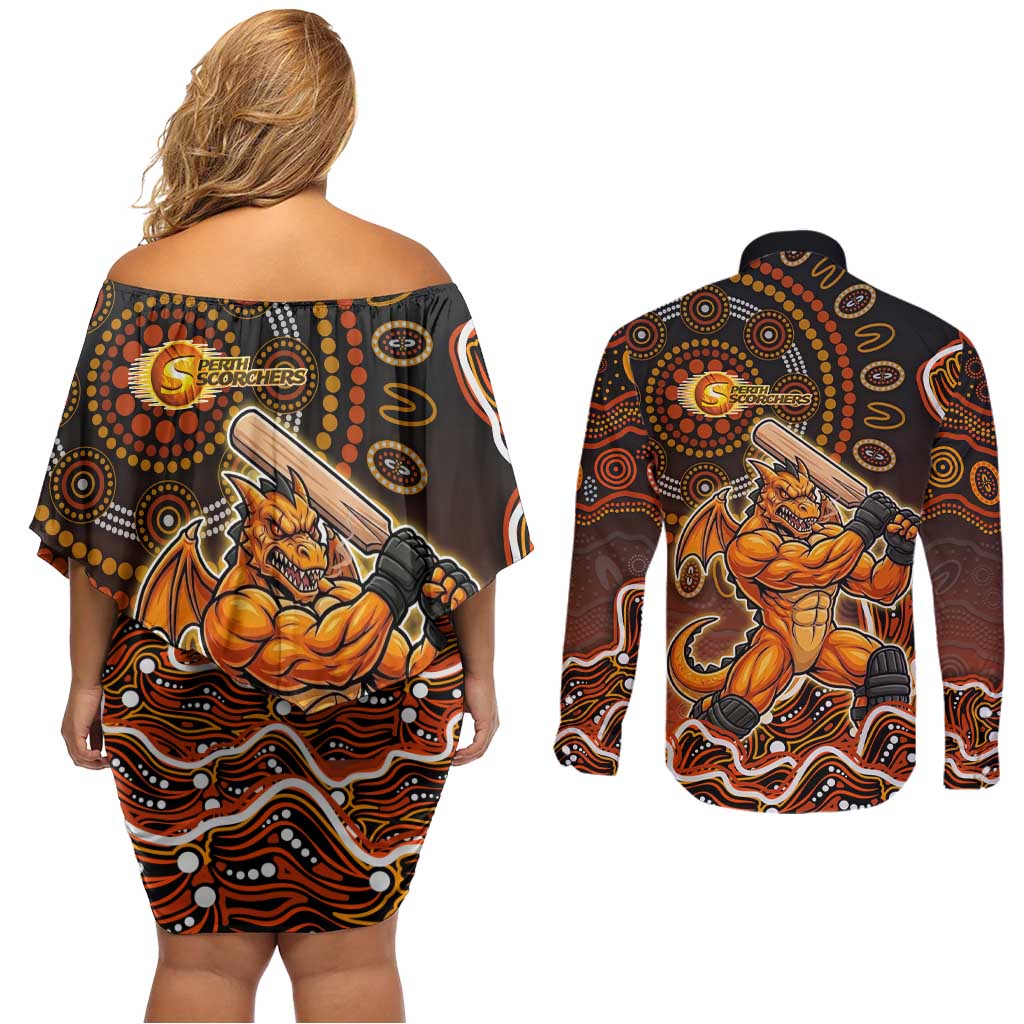 Perth Scorchers Cricket Mascot Couples Matching Off Shoulder Short Dress and Long Sleeve Button Shirt Aboriginal Dot Art Orange And Black Tribal Pattern