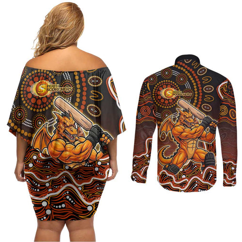 Perth Scorchers Cricket Mascot Couples Matching Off Shoulder Short Dress and Long Sleeve Button Shirt Aboriginal Dot Art Orange And Black Tribal Pattern