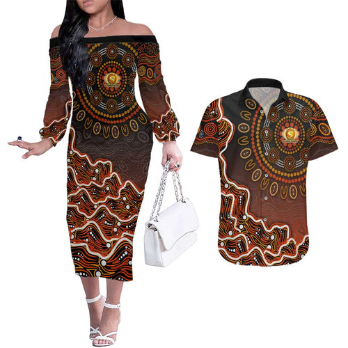 Perth Scorchers Cricket Mascot Couples Matching Off The Shoulder Long Sleeve Dress and Hawaiian Shirt Aboriginal Dot Art Orange And Black Tribal Pattern