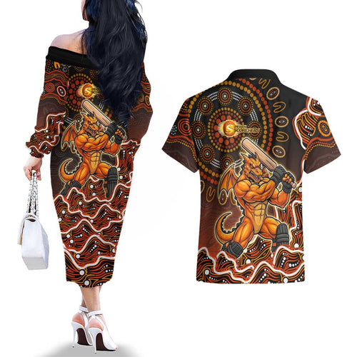 Perth Scorchers Cricket Mascot Couples Matching Off The Shoulder Long Sleeve Dress and Hawaiian Shirt Aboriginal Dot Art Orange And Black Tribal Pattern