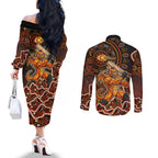 Perth Scorchers Cricket Mascot Couples Matching Off The Shoulder Long Sleeve Dress and Long Sleeve Button Shirt Aboriginal Dot Art Orange And Black Tribal Pattern