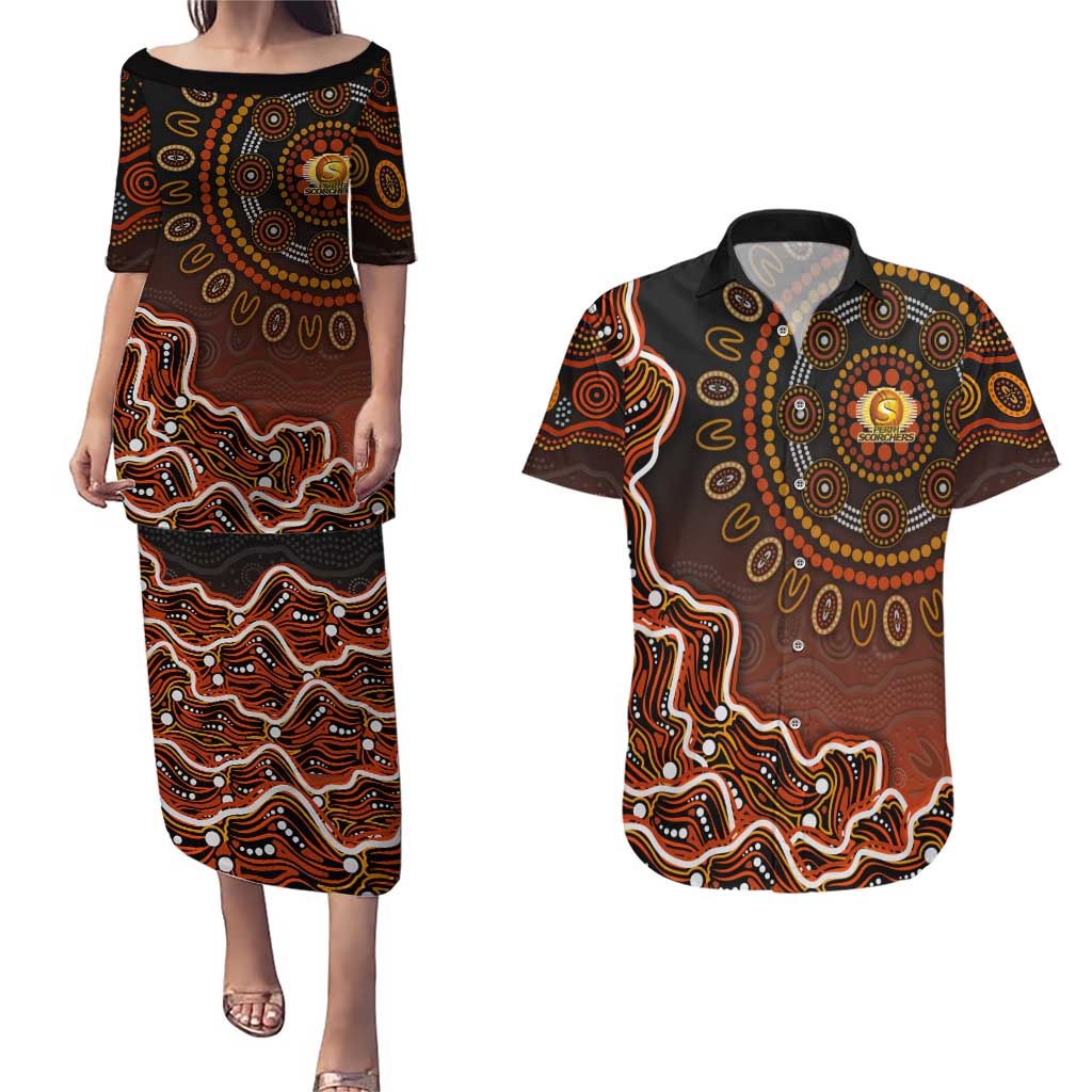 Perth Scorchers Cricket Mascot Couples Matching Puletasi and Hawaiian Shirt Aboriginal Dot Art Orange And Black Tribal Pattern