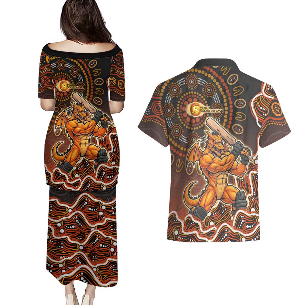 Perth Scorchers Cricket Mascot Couples Matching Puletasi and Hawaiian Shirt Aboriginal Dot Art Orange And Black Tribal Pattern