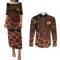 Perth Scorchers Cricket Mascot Couples Matching Puletasi and Long Sleeve Button Shirt Aboriginal Dot Art Orange And Black Tribal Pattern