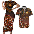 Perth Scorchers Cricket Mascot Couples Matching Short Sleeve Bodycon Dress and Hawaiian Shirt Aboriginal Dot Art Orange And Black Tribal Pattern