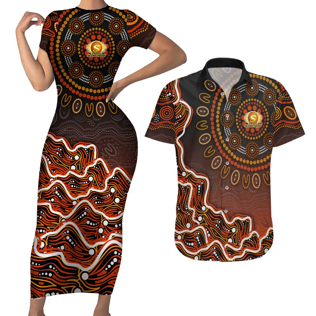 Perth Scorchers Cricket Mascot Couples Matching Short Sleeve Bodycon Dress and Hawaiian Shirt Aboriginal Dot Art Orange And Black Tribal Pattern