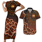 Perth Scorchers Cricket Mascot Couples Matching Short Sleeve Bodycon Dress and Hawaiian Shirt Aboriginal Dot Art Orange And Black Tribal Pattern
