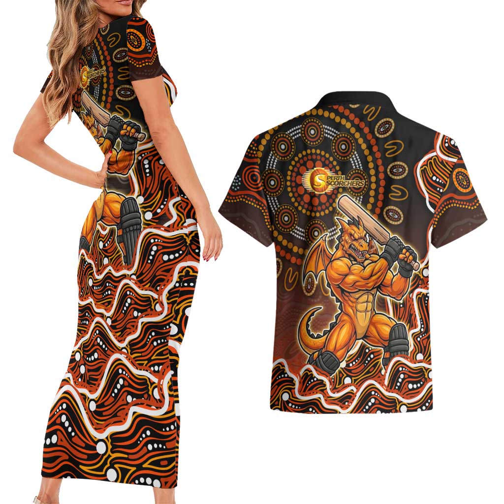 Perth Scorchers Cricket Mascot Couples Matching Short Sleeve Bodycon Dress and Hawaiian Shirt Aboriginal Dot Art Orange And Black Tribal Pattern