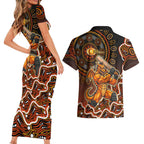 Perth Scorchers Cricket Mascot Couples Matching Short Sleeve Bodycon Dress and Hawaiian Shirt Aboriginal Dot Art Orange And Black Tribal Pattern