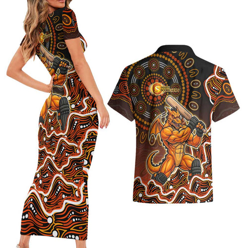 Perth Scorchers Cricket Mascot Couples Matching Short Sleeve Bodycon Dress and Hawaiian Shirt Aboriginal Dot Art Orange And Black Tribal Pattern
