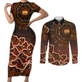 Perth Scorchers Cricket Mascot Couples Matching Short Sleeve Bodycon Dress and Long Sleeve Button Shirt Aboriginal Dot Art Orange And Black Tribal Pattern