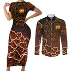 Perth Scorchers Cricket Mascot Couples Matching Short Sleeve Bodycon Dress and Long Sleeve Button Shirt Aboriginal Dot Art Orange And Black Tribal Pattern