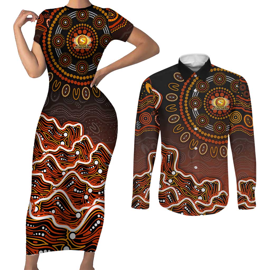 Perth Scorchers Cricket Mascot Couples Matching Short Sleeve Bodycon Dress and Long Sleeve Button Shirt Aboriginal Dot Art Orange And Black Tribal Pattern