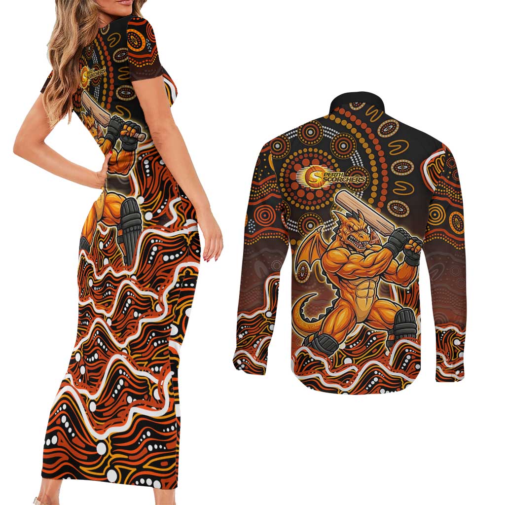 Perth Scorchers Cricket Mascot Couples Matching Short Sleeve Bodycon Dress and Long Sleeve Button Shirt Aboriginal Dot Art Orange And Black Tribal Pattern