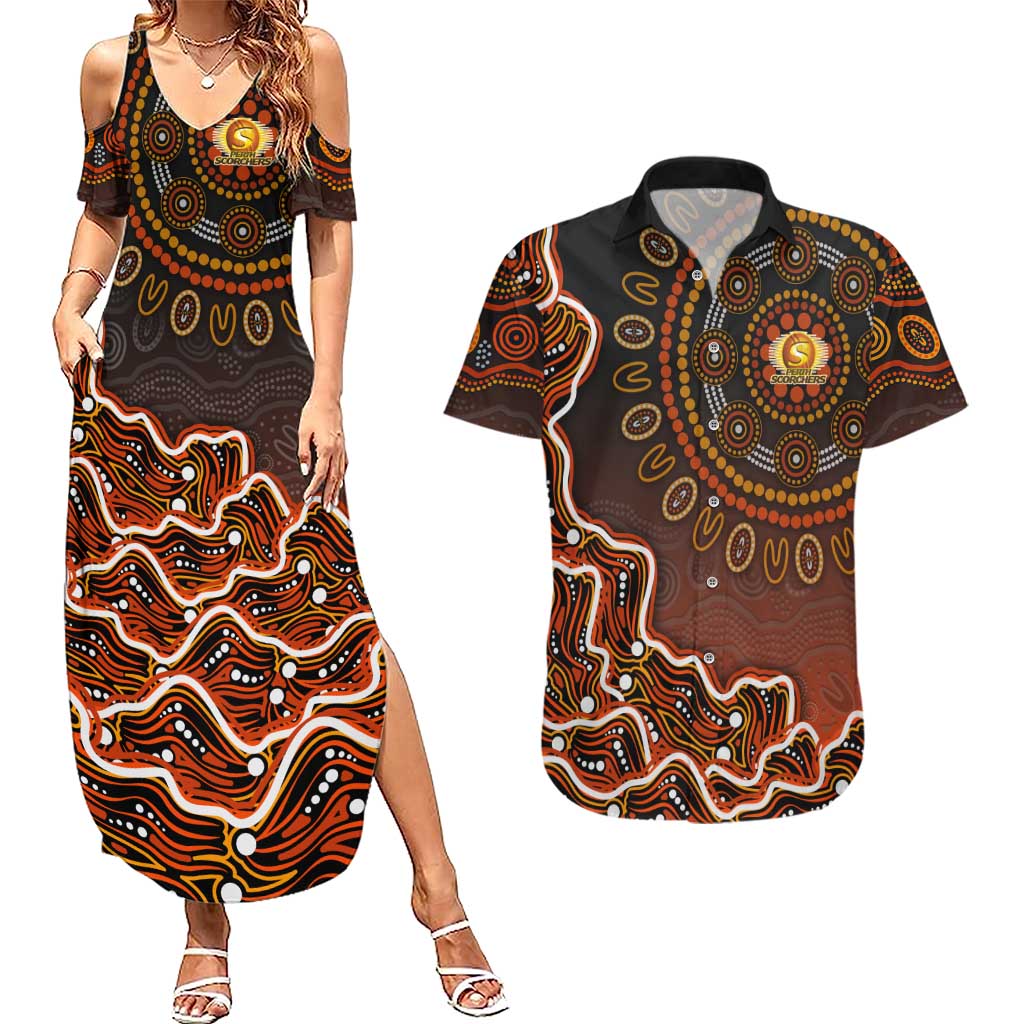 Perth Scorchers Cricket Mascot Couples Matching Summer Maxi Dress and Hawaiian Shirt Aboriginal Dot Art Orange And Black Tribal Pattern