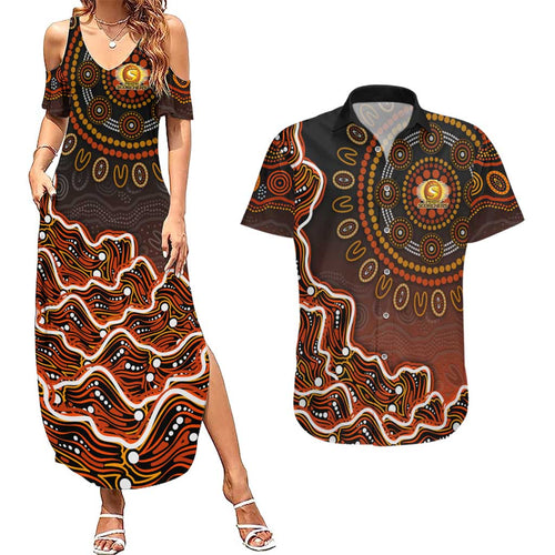 Perth Scorchers Cricket Mascot Couples Matching Summer Maxi Dress and Hawaiian Shirt Aboriginal Dot Art Orange And Black Tribal Pattern