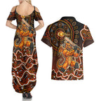 Perth Scorchers Cricket Mascot Couples Matching Summer Maxi Dress and Hawaiian Shirt Aboriginal Dot Art Orange And Black Tribal Pattern