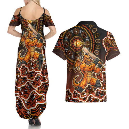Perth Scorchers Cricket Mascot Couples Matching Summer Maxi Dress and Hawaiian Shirt Aboriginal Dot Art Orange And Black Tribal Pattern