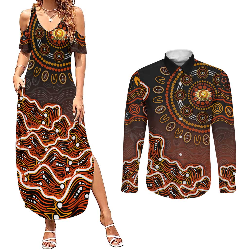Perth Scorchers Cricket Mascot Couples Matching Summer Maxi Dress and Long Sleeve Button Shirt Aboriginal Dot Art Orange And Black Tribal Pattern