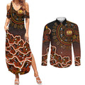 Perth Scorchers Cricket Mascot Couples Matching Summer Maxi Dress and Long Sleeve Button Shirt Aboriginal Dot Art Orange And Black Tribal Pattern
