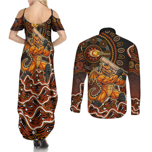 Perth Scorchers Cricket Mascot Couples Matching Summer Maxi Dress and Long Sleeve Button Shirt Aboriginal Dot Art Orange And Black Tribal Pattern