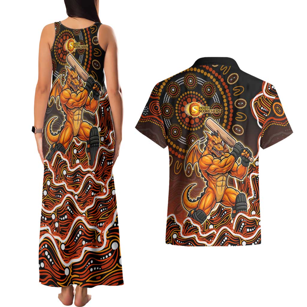 Perth Scorchers Cricket Mascot Couples Matching Tank Maxi Dress and Hawaiian Shirt Aboriginal Dot Art Orange And Black Tribal Pattern