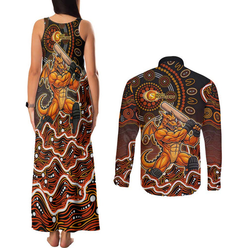 Perth Scorchers Cricket Mascot Couples Matching Tank Maxi Dress and Long Sleeve Button Shirt Aboriginal Dot Art Orange And Black Tribal Pattern
