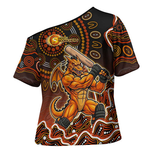 Perth Scorchers Cricket Mascot Cross Shoulder Shirt Aboriginal Dot Art Orange And Black Tribal Pattern