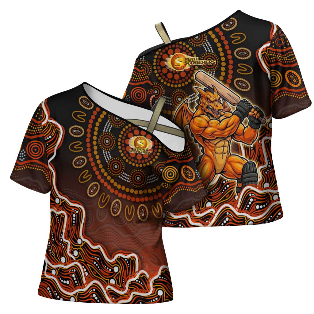 Perth Scorchers Cricket Mascot Cross Shoulder Shirt Aboriginal Dot Art Orange And Black Tribal Pattern