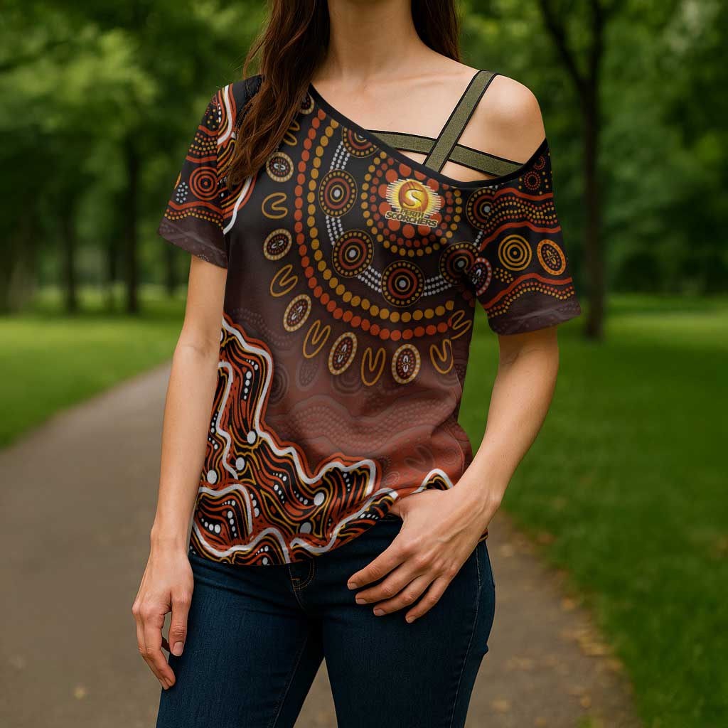 Perth Scorchers Cricket Mascot Cross Shoulder Shirt Aboriginal Dot Art Orange And Black Tribal Pattern