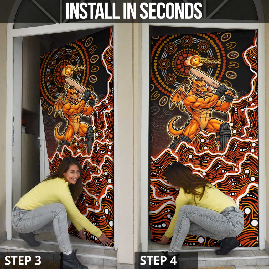 Perth Scorchers Cricket Mascot Door Cover Aboriginal Dot Art Orange And Black Tribal Pattern