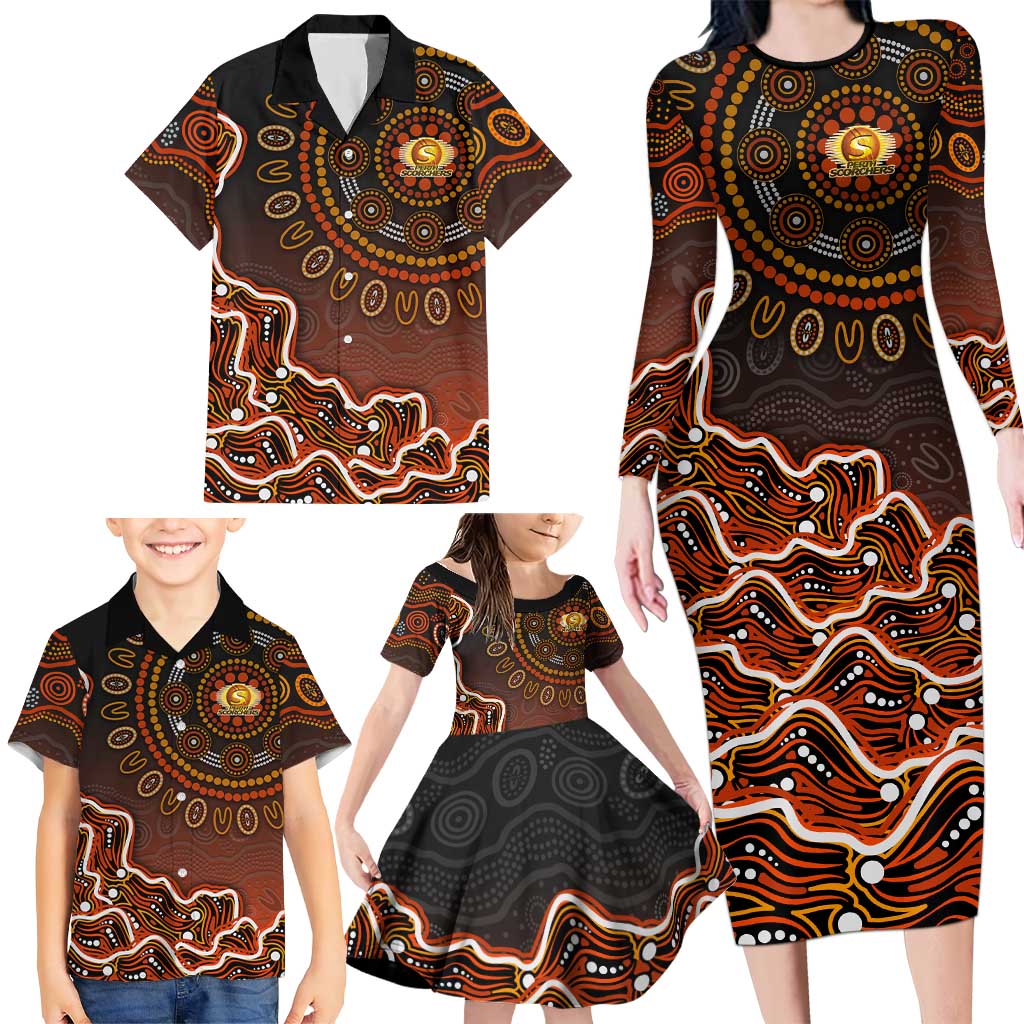 Perth Scorchers Cricket Mascot Family Matching Long Sleeve Bodycon Dress and Hawaiian Shirt Aboriginal Dot Art Orange And Black Tribal Pattern