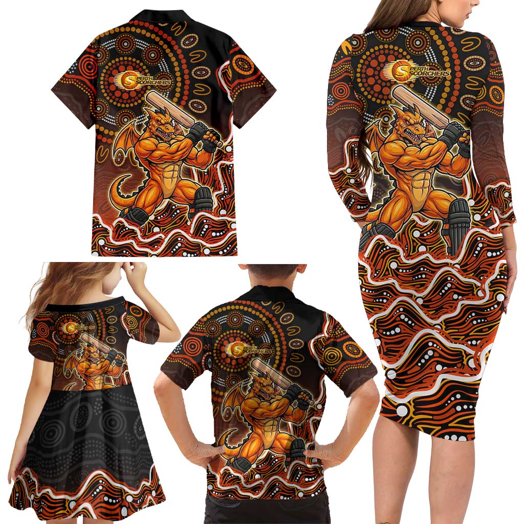 Perth Scorchers Cricket Mascot Family Matching Long Sleeve Bodycon Dress and Hawaiian Shirt Aboriginal Dot Art Orange And Black Tribal Pattern