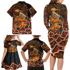 Perth Scorchers Cricket Mascot Family Matching Long Sleeve Bodycon Dress and Hawaiian Shirt Aboriginal Dot Art Orange And Black Tribal Pattern