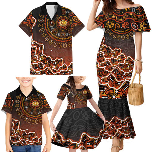 Perth Scorchers Cricket Mascot Family Matching Mermaid Dress and Hawaiian Shirt Aboriginal Dot Art Orange And Black Tribal Pattern