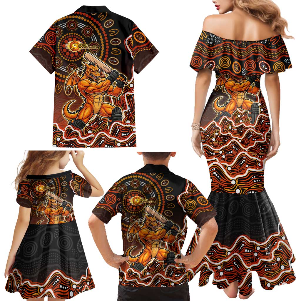Perth Scorchers Cricket Mascot Family Matching Mermaid Dress and Hawaiian Shirt Aboriginal Dot Art Orange And Black Tribal Pattern