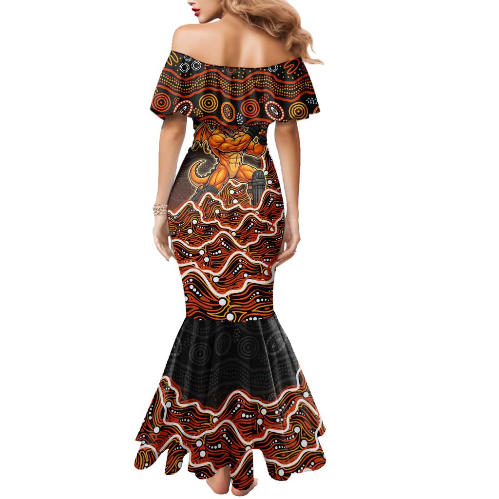Perth Scorchers Cricket Mascot Family Matching Mermaid Dress and Hawaiian Shirt Aboriginal Dot Art Orange And Black Tribal Pattern