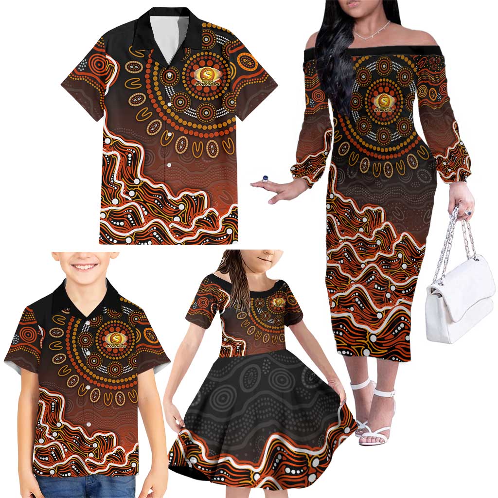 Perth Scorchers Cricket Mascot Family Matching Off The Shoulder Long Sleeve Dress and Hawaiian Shirt Aboriginal Dot Art Orange And Black Tribal Pattern
