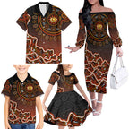 Perth Scorchers Cricket Mascot Family Matching Off The Shoulder Long Sleeve Dress and Hawaiian Shirt Aboriginal Dot Art Orange And Black Tribal Pattern