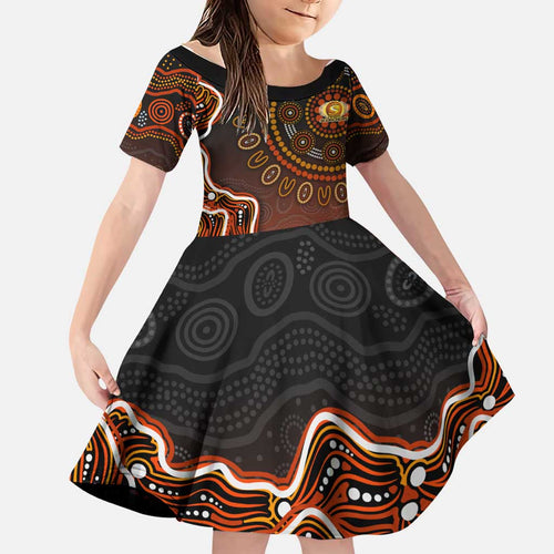 Perth Scorchers Cricket Mascot Family Matching Off The Shoulder Long Sleeve Dress and Hawaiian Shirt Aboriginal Dot Art Orange And Black Tribal Pattern