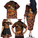 Perth Scorchers Cricket Mascot Family Matching Off The Shoulder Long Sleeve Dress and Hawaiian Shirt Aboriginal Dot Art Orange And Black Tribal Pattern