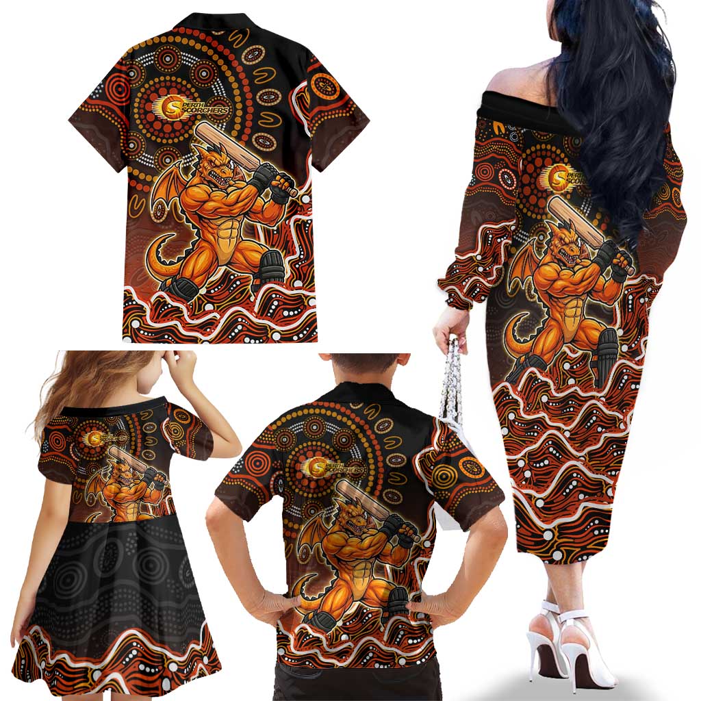 Perth Scorchers Cricket Mascot Family Matching Off The Shoulder Long Sleeve Dress and Hawaiian Shirt Aboriginal Dot Art Orange And Black Tribal Pattern