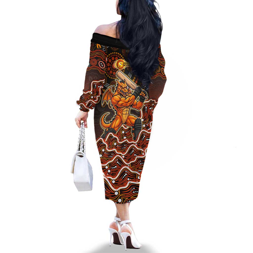 Perth Scorchers Cricket Mascot Family Matching Off The Shoulder Long Sleeve Dress and Hawaiian Shirt Aboriginal Dot Art Orange And Black Tribal Pattern