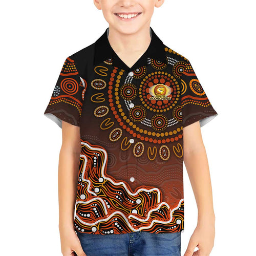 Perth Scorchers Cricket Mascot Family Matching Off The Shoulder Long Sleeve Dress and Hawaiian Shirt Aboriginal Dot Art Orange And Black Tribal Pattern