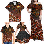 Perth Scorchers Cricket Mascot Family Matching Off Shoulder Maxi Dress and Hawaiian Shirt Aboriginal Dot Art Orange And Black Tribal Pattern