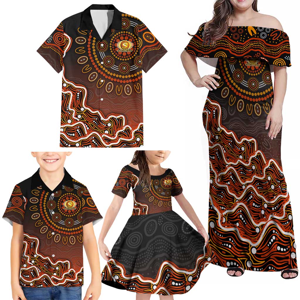 Perth Scorchers Cricket Mascot Family Matching Off Shoulder Maxi Dress and Hawaiian Shirt Aboriginal Dot Art Orange And Black Tribal Pattern