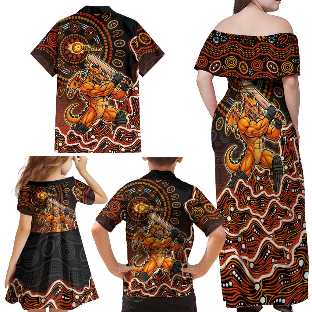 Perth Scorchers Cricket Mascot Family Matching Off Shoulder Maxi Dress and Hawaiian Shirt Aboriginal Dot Art Orange And Black Tribal Pattern