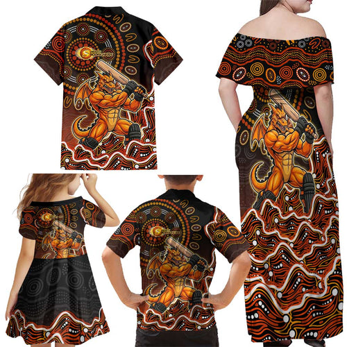 Perth Scorchers Cricket Mascot Family Matching Off Shoulder Maxi Dress and Hawaiian Shirt Aboriginal Dot Art Orange And Black Tribal Pattern
